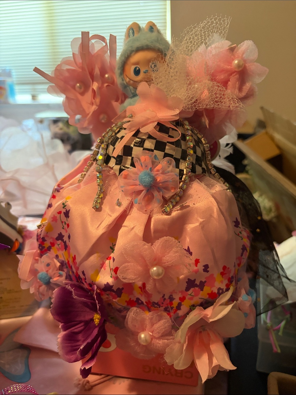 Pink Floral Decorative Faux Floral Accent with Pearl and Tulle Details